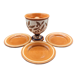 Vintage Italian Pythagoras Cup or "Greedy Cup," and Three Saucers
