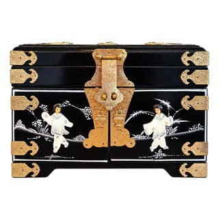 Vintage Chinese Black Lacquer Jewelry Chest For Sale