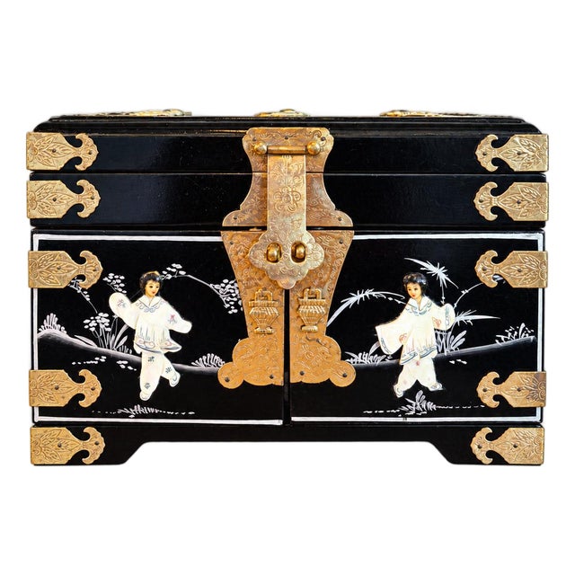 Vintage Chinese Black Lacquer Jewelry Chest For Sale