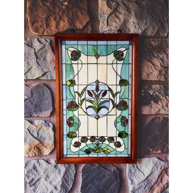 Vintage Stained Glass Wall Hanging 32x20 For Sale - Image 4 of 9