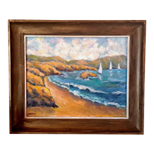 Original Oil Painting Coastal Cliffs Ocean Sailboats Framed by Donalee