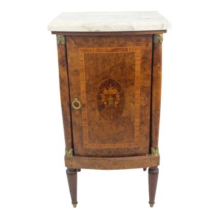 19th Century French Louis XVI Style Cabinet Nightstand Chest Nicely Detailed Elm Burl Floral Marquetry Front, White Carrara Marble Top For Sale