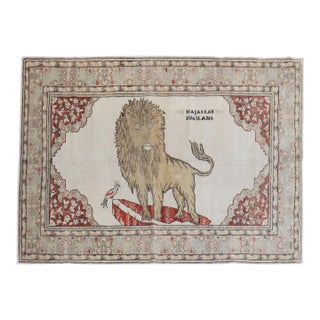 Lion Motif Vintage Turkish White Ground Dowry Rug, 20th Century - 4'7" x 6'9" For Sale