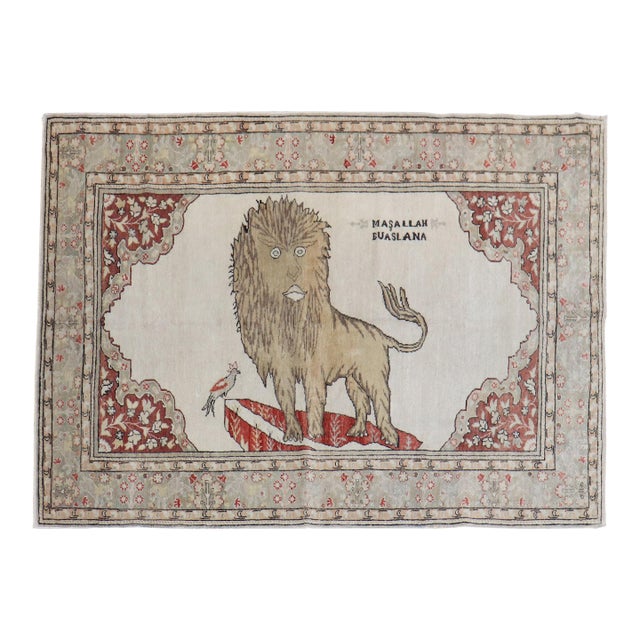 Lion Motif Vintage Turkish White Ground Dowry Rug, 20th Century - 4'7" x 6'9" For Sale