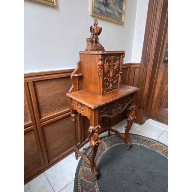 Traditional Antique Danish Carved Cherubs Wood Phone Cabinet With Genius Top For Sale - Image 3 of 13