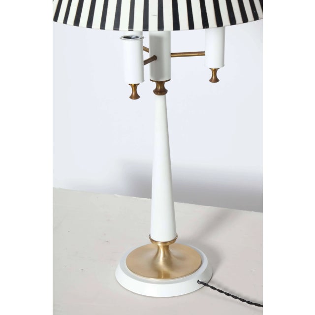 White 1950s Gerald Thurston White Triple Candlestick Lamp With Black & White Stripe Shade For Sale - Image 8 of 11