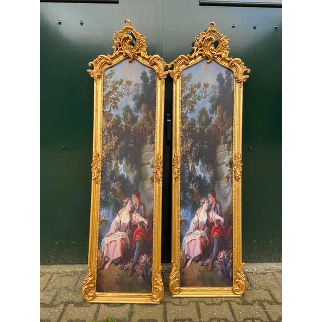 Wood 1970s French Louis XVI Gold Beech Fabric Frames 2pc For Sale - Image 7 of 18