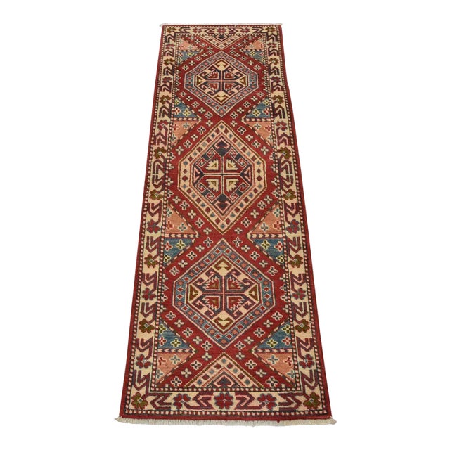 Kazak Runner 2’1” X 6’1” Red Wool Tribal Hand-Knotted Oriental Rug For Sale