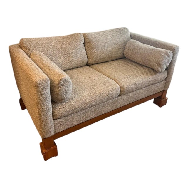 Vintage 1970s Selig Monroe “Plexus” Oatmeal Mid-Century Loveseat With Solid Wood Base For Sale