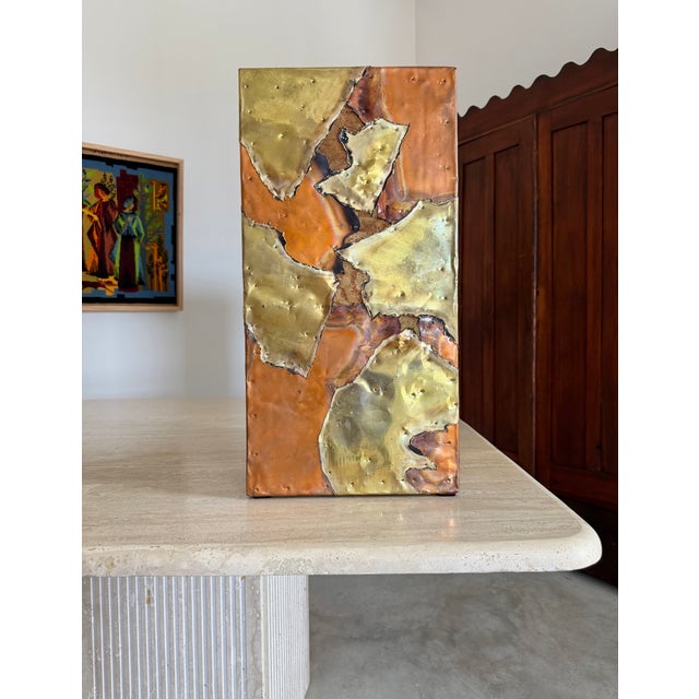 Copper Paul Evans Style Brutalist Planter Patchwork Riveted Copper Brass Cork Bohemian For Sale - Image 8 of 13