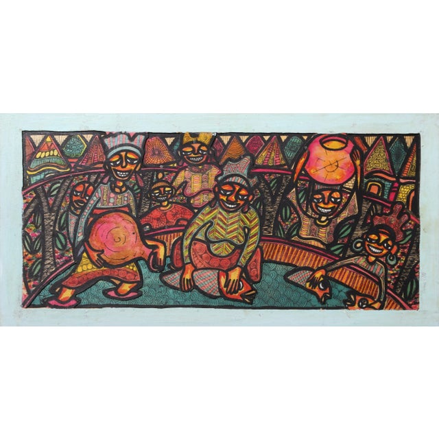 African Women at the River, Dayo Niran Ink and Paint on Plywood, Titled Verso For Sale - Image 3 of 3