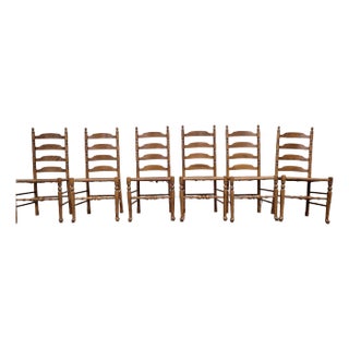 Vintage French Country Ladderback Rush Seat Dining Chairs - Full Set of 6 For Sale