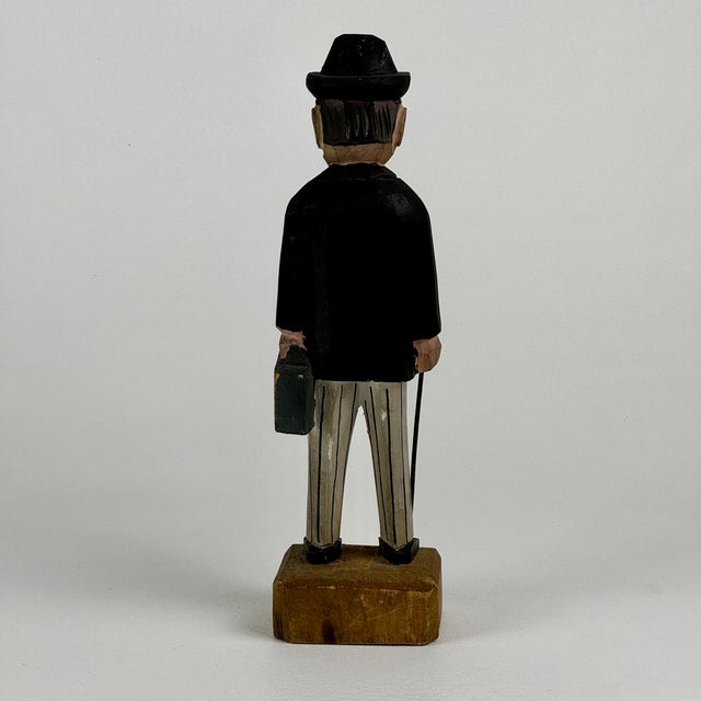 1930s Folk Art Carving of a Dressed Gentleman With Cane, Case, & Cigar in Mouth For Sale In New York - Image 6 of 12