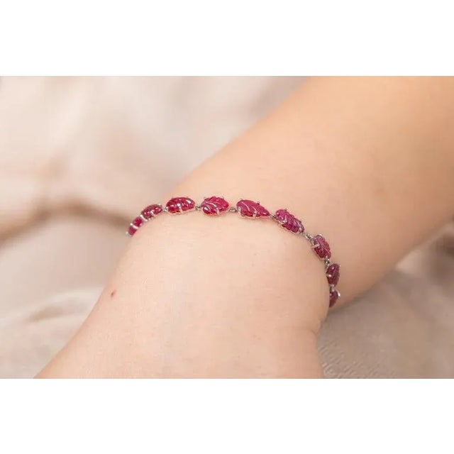 Leaf Carved Ruby and Diamond Bracelet in 18k White Gold, 4.3ct Ruby, USAMade For Sale - Image 10 of 16