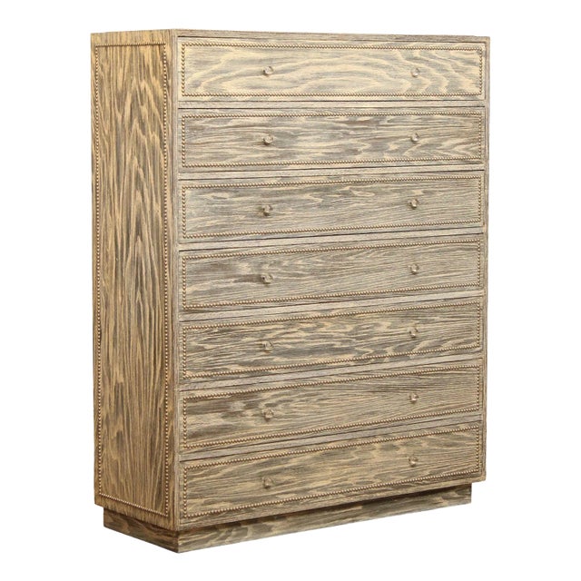 Mid Century Modern Cerused Oak High Chest with Nail Head Trim For Sale
