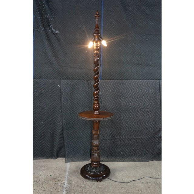 Antique English Oak Barley Twisted Library Floor Lamp Side End Table For Sale - Image 17 of 18
