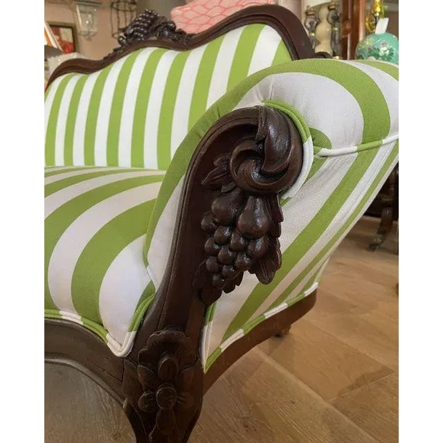 1910s 1910s Victorian Settee Reupholstered in Green and White Italian Sunbrella For Sale - Image 5 of 6