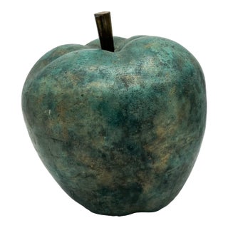 Oversized Vintage Painted Terracotta Apple Sculpture With Verdigris Finish - Sculptural, European Cottage, Organic Modern For Sale