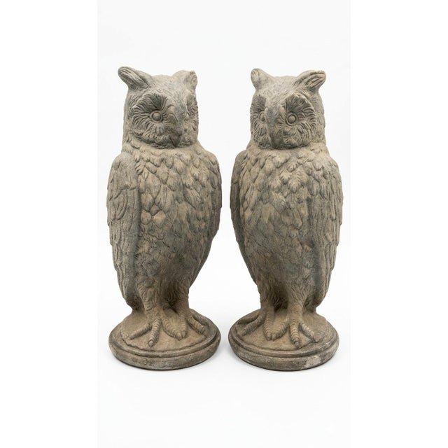 This is a striking pair of vintage garden statues depicting Great Horned Owls, masterfully crafted in England. Cast in...