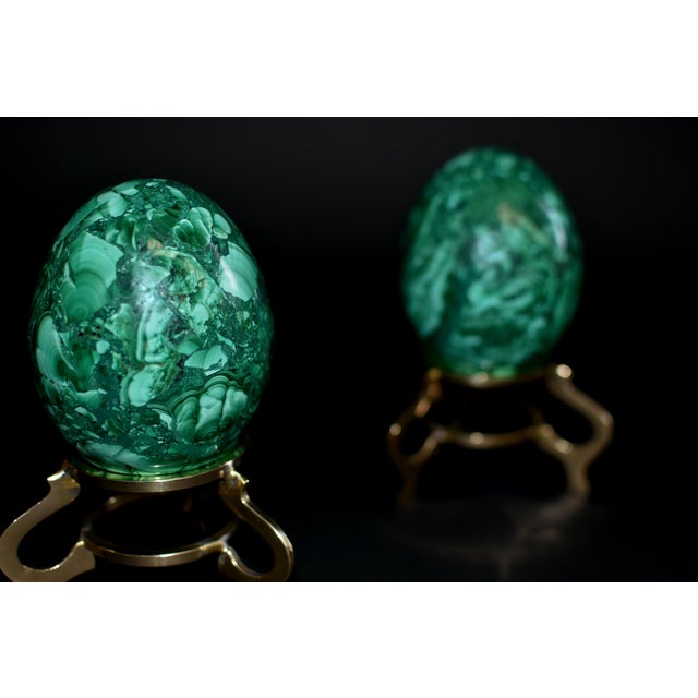 Green Malachite Eggs on Brass Stand Set of 2 For Sale - Image 8 of 15
