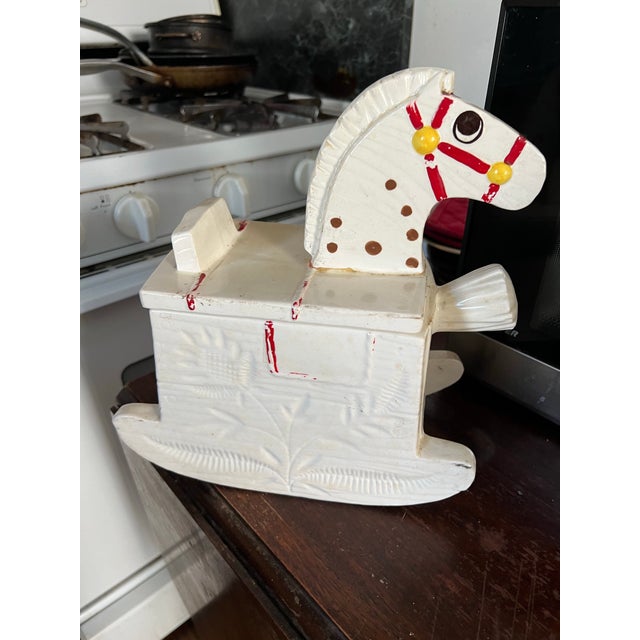 Art Deco Metlox Vintage White Hand Painted Rocking Horse Cookie Jar W/Red Harness For Sale - Image 3 of 9