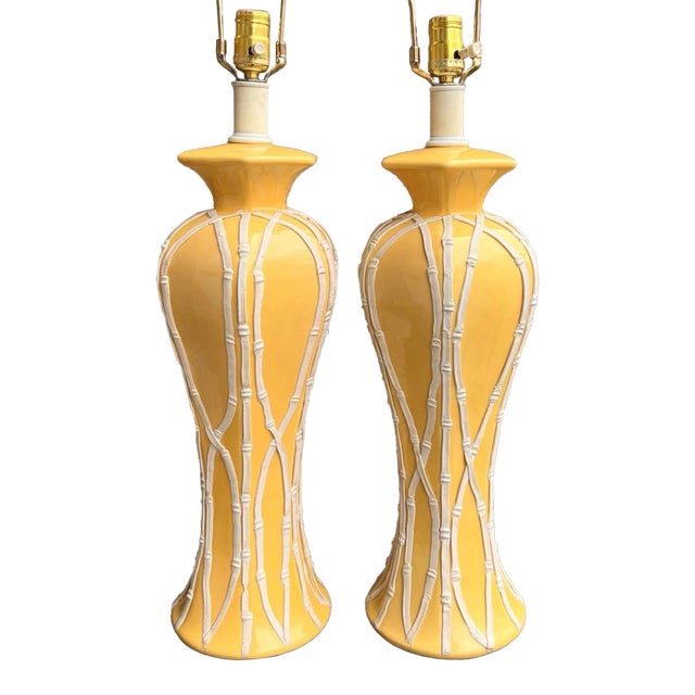 Late 20th Century Palm Beach Hollywood Regency Faux Bamboo Yellow Tall Ceramic Lamps (Pair) For Sale