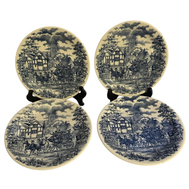 Ceramic blue and white transferware plates with stagecoach scene by Oxford Pottery. Plates feature a classic English rural...