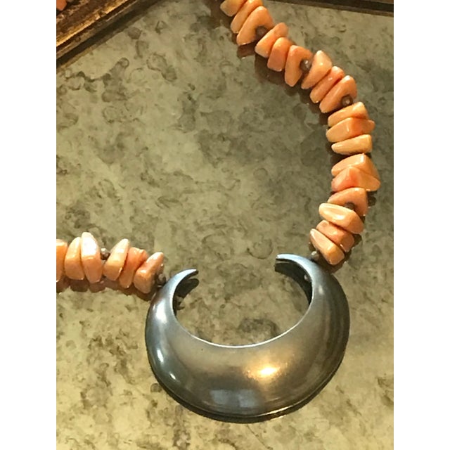 Metal 1970s Vintage Alexis Kirk Coral Orange Pewter Crescent Pendant Necklace For Sale - Image 7 of 8