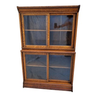 1900s Arts & Crafts Danner Bookcase With Tiger Oak, Sliding Glass Doors, & Pull Out Counter Top For Sale