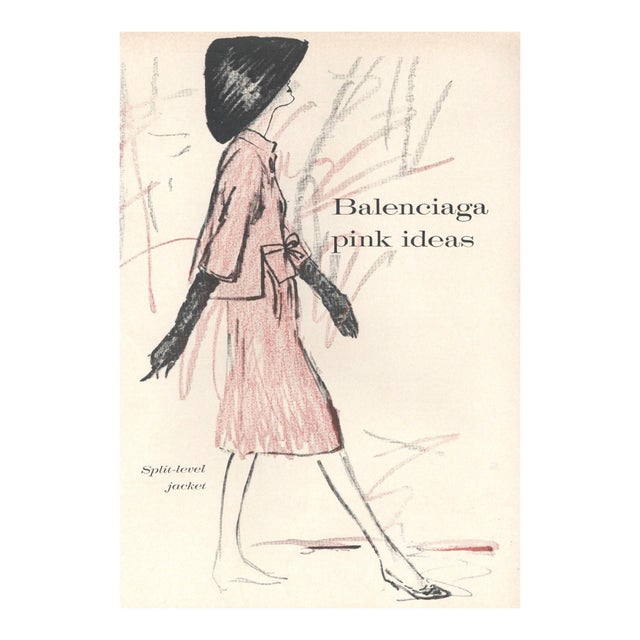 1960 Mid-Century Balenciaga Fashion Print, Matted For Sale
