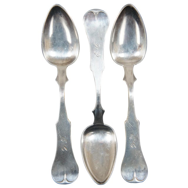Victorian 1840s 19th Century Antique p.r. Bennett Jr Coin Silver Table Spoons- Set of 3 For Sale - Image 3 of 10