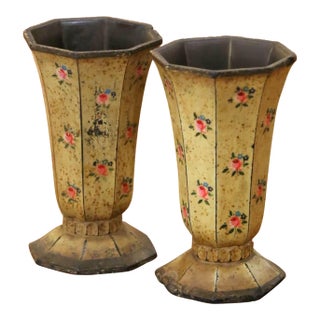 Pair of Early 20th Century French Hand-Painted Composition Flower Vases For Sale