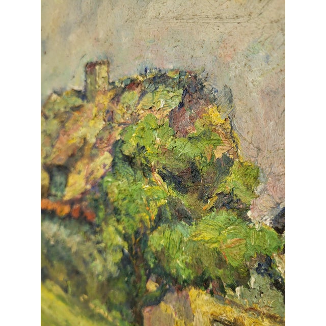 An expressive early 20th-century oil landscape (plein air) painting capturing two traditional thatched-roof rural cottages...