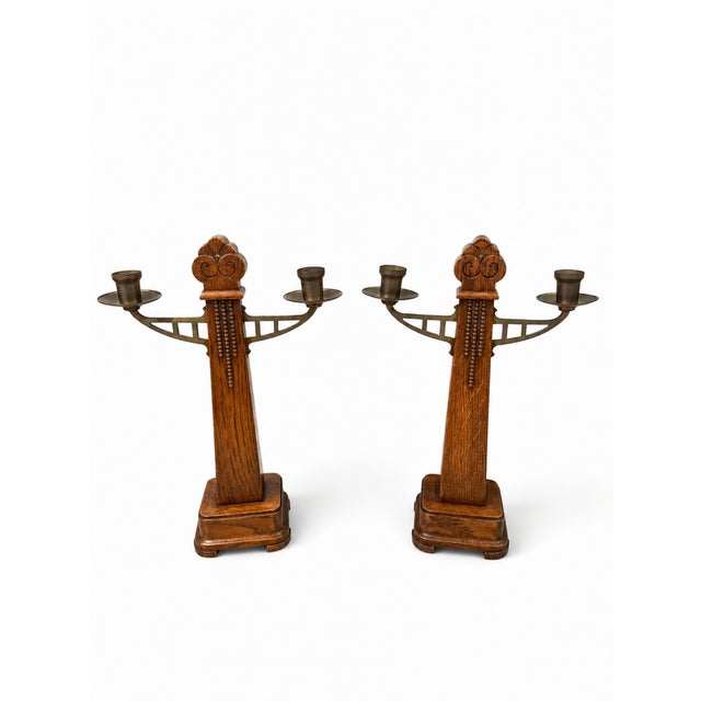 Art Deco Amsterdam School Oak and Brass Candlesticks, 1920s, Set of 2 For Sale - Image 10 of 10
