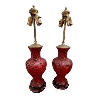 1910 Antique Chinese Cinnabar Lamps, Pair For Sale
