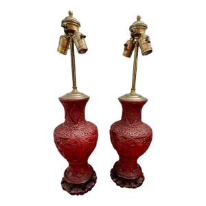 1910 Antique Chinese Cinnabar Lamps, Pair