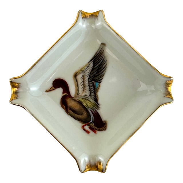 Vintage Mid-Century German Porcelain Duck Ashtray With Gilded Trim For Sale