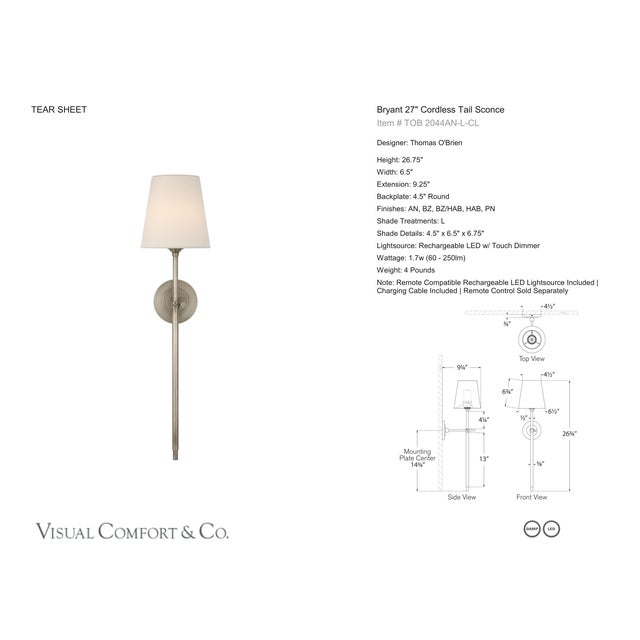 Visual Comfort Thomas O'Brien for Visual Comfort Signature Bryant 27" Cordless Tail Sconce in Antique Nickel with Linen Shade For Sale - Image 4 of 13