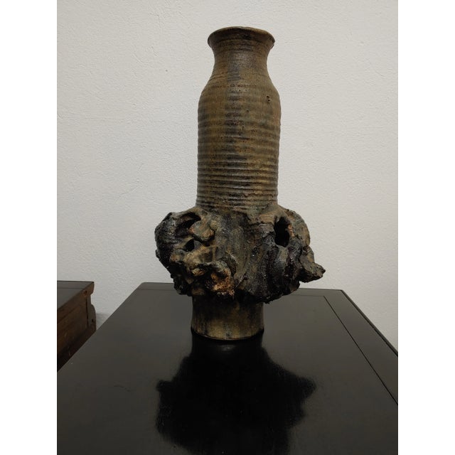 Here's a fantastic heavy monumental stoneware vase by studio artist Ellen King of Brooklyn, New York. Dark earthen colors...