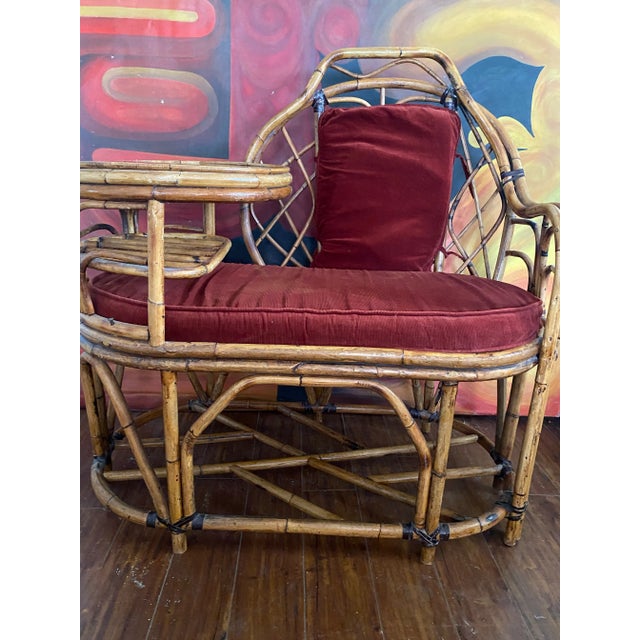 1970s Vintage Boho Chic Bamboo Gossip Bench With Original Seat and Back Cushions, Original Glass Top on Table. In Immaculate Condition. For Sale - Image 5 of 10