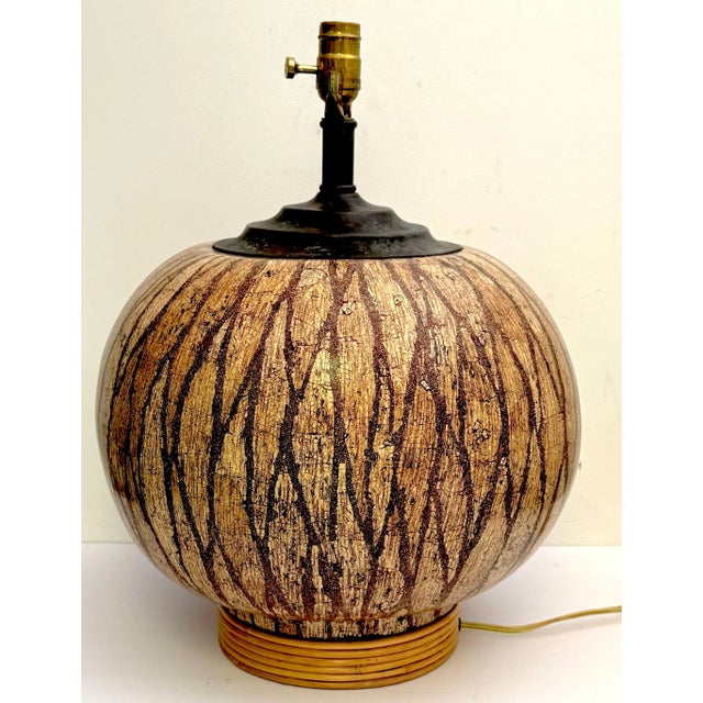 Mid Century Lacquered Coconut Shell Inlay Gourd-Form Table Lamp on Rattan Base For Sale - Image 4 of 6