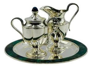 1960s Los Castillo Taxco Silver Azurite Malachite Creamer Sugar Tray Set, Mexican Mod