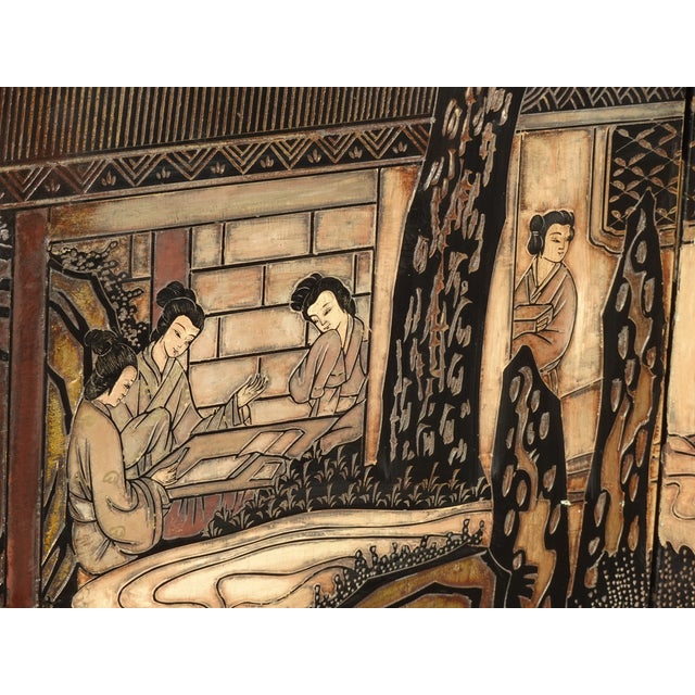 Vintage Oriental Asian Palace City Coromandel Chinoiserie Black Six Panel Screen For Sale - Image 11 of 17