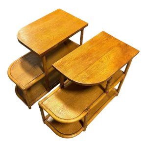 1930s Restored Streamline Rattan & Mahogany 3-Tiered "Trio" End Table, Pair
