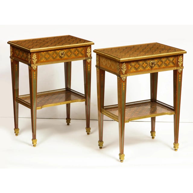 French Exceptional Pair of French Ormolu-Mounted Parquetry and Marquetry Side Tables For Sale - Image 3 of 17