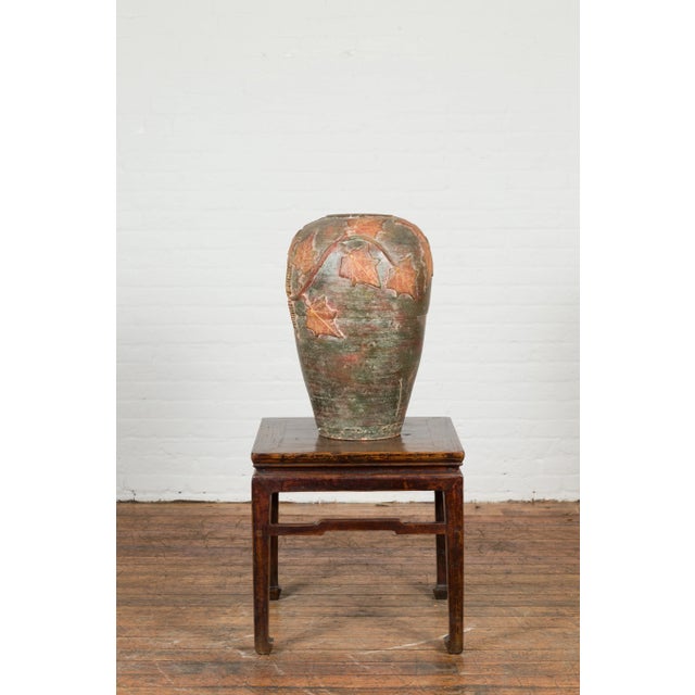 Green Vintage Thai Garden Vase with Vine Leaves Motifs, Orange and Green Tones For Sale - Image 8 of 13