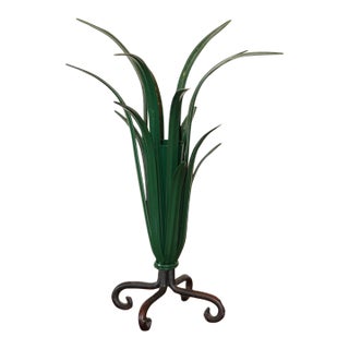 Vintage Tole Metal Leaf Vase, Scrolled Feet For Sale