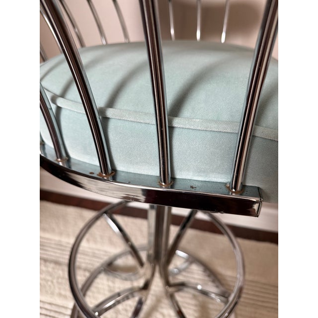 Blue Vintage 1970s Mid Century MCM Tulip Style Chrome Swivel Bar Stools For Sale - Image 8 of 12