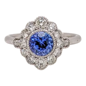 1ct Tanzanite Ring W Earth Mined Diamonds in Solid 14k White Gold Round Size 6.75