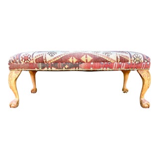 Vintage Georgian Style Claw and Ball Caucasian Kilim Upholstered Bench For Sale